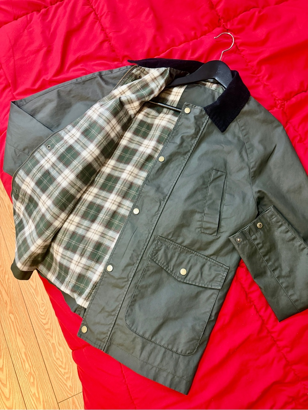 Men's Olive Green Field Jacket with Contrast Collar - Picture 6 of 6